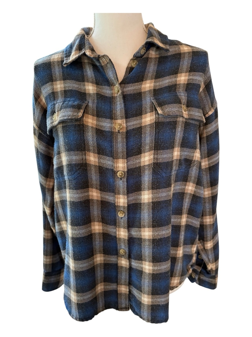 American Eagle Soft Navy Flannel Button Up Shirt. Size S